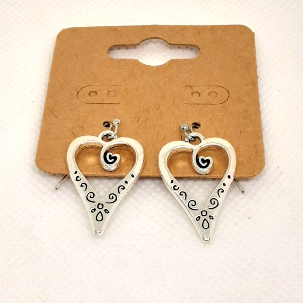 NEW Silver Tone Heart Earrings Scroll Design Pierced Boho Gypsy Fashion Jewelry